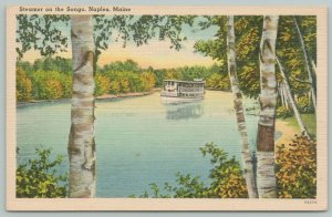 Naples Maine~Steamer on the Songo River~1940s Linen Postcard