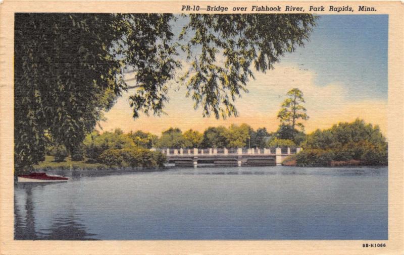 PARK RAPIDS MINNESOTA BRIDGE OVER THE FISHHOOK RIVER POSTCARD 1957