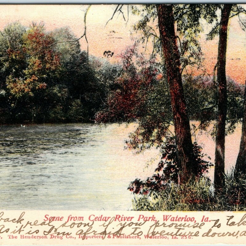 1906 Waterloo, IA Scene Cedar River Park Litho Photo Postcard Hand Colored A34