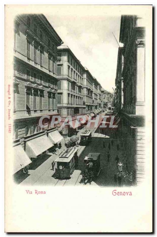 italy italia Genova Old Postcard Via Roma tram