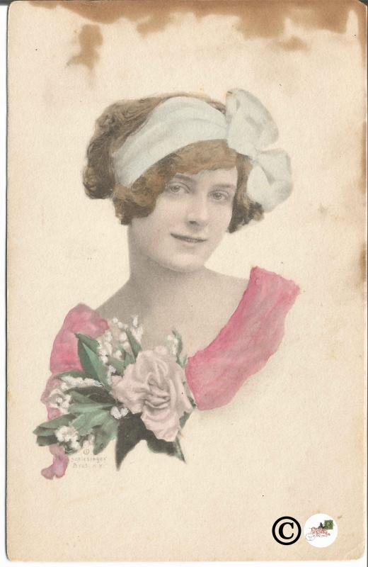 Vintage Postcard Beautiful Woman with Headband and Bouquet of Roses Pastels