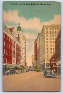 c1950's Sixth Avenue Looking South Buildings Tower Cars Des Moines Iowa Postcard