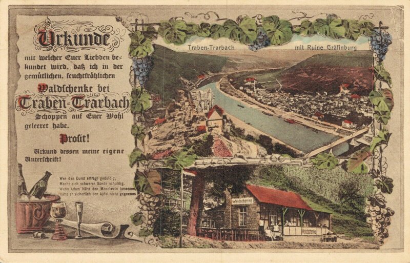 Germany - Urkunde Traben Trarbach mit Ruine Grafinburg - Rare Postcard - 03.64