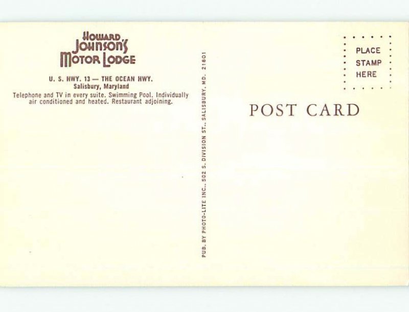 Unused Pre-1980 HOJO - HOWARD JOHNSON MOTEL & RESTAURANT Salisbury MD u7058@