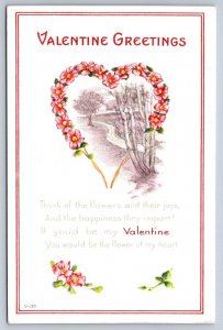 Valentine Greetings, Rhyme, Pink Floral Heart, Vintage Embossed Postcard, V-130