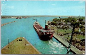 1957 Modern Freighter Leaving Mac Arthur Lock St. Mary's River Posted Postcard