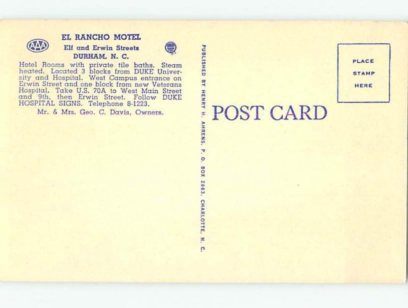 Unused Linen EL RANCHO MOTEL Durham North Carolina NC M6036@