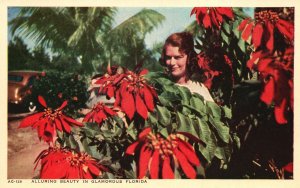 Vintage Postcard 1920's Alluring Woman Beauty in Glamorous Red Flowers Florida