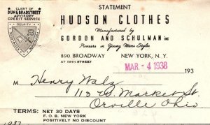 1938 HUDSON CLOTHES GORDON AND SCHULMAN N.Y. YOUNG MENS  BILLHEAD STATEMENT Z502