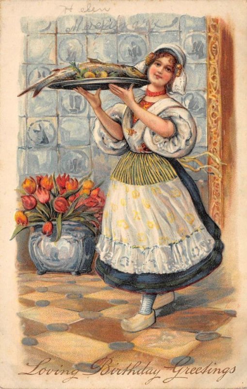 Loving Birthday Greetings Dutch Woman 1910 Embossed Art Vintage Postcard