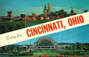 Ohio Cincinnati Greetings Showing Skyline and Union Terminal 1965