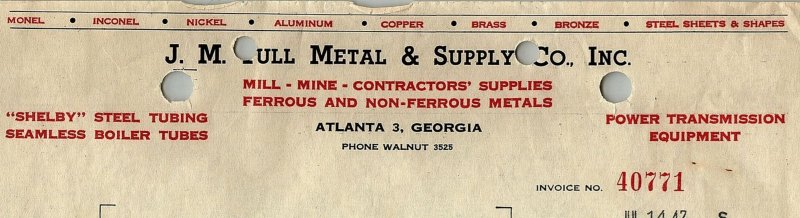 1947 J.M. TULL METAL & SUPPLY CO. ATLANTA GA DELTA TENONING JIG INVOICE 16-27 