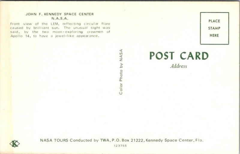 LEM Circular Flare Moon Apollo 14  JFK Space Center NASA TWA FL postcard P33