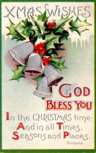 Christmas Wishes With Silver Bells and Holly 1910