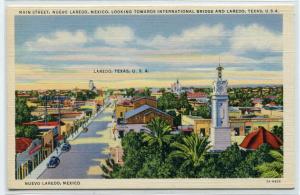 Main Street Laredo Texas Nuevo Laredo Mexico linen postcard