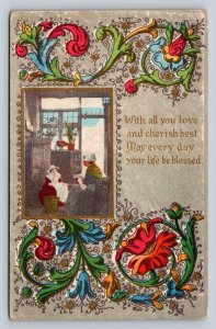 Women Visiting Colorful Vining Best Wishes Vintage Postcard 1122