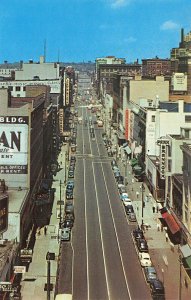 Syracuse NY Downtown Storefronts Old Cars Aerial View, Postcard
