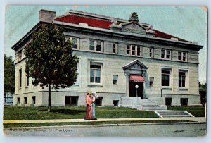 Huntington Indiana Postcard City Free Library Building Exterior View 1908 Posted