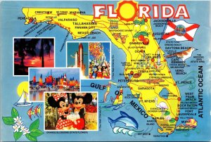 Map Florida Postcard Space Shuttle Mickey Minnie Mouse Sailboats