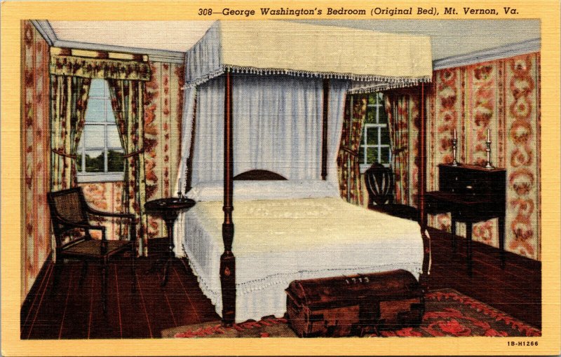 Vtg 1940s George Washington's Bedroom Mt Vernon Virginia VA Unused Postcard