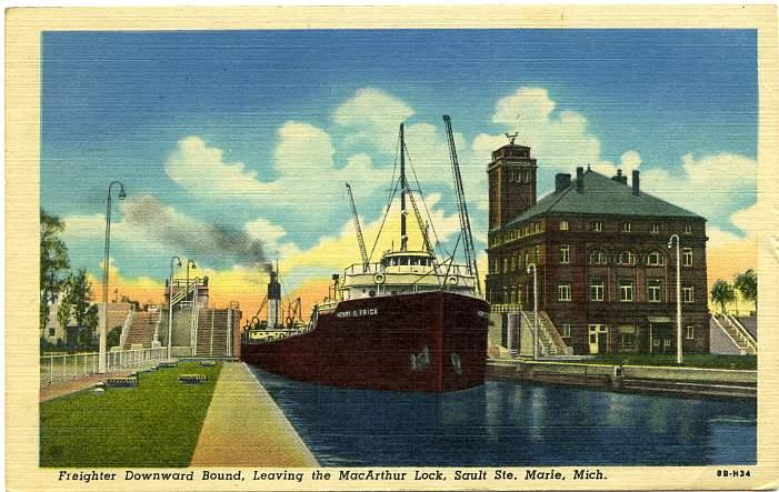 Freighter Leaving MacArthur Lock - Sault Ste Marie, Michigan pm 1959