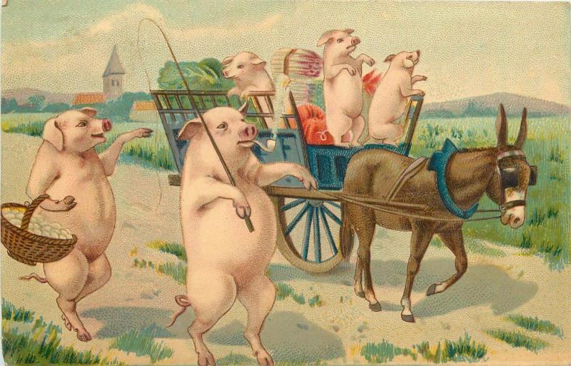 Humanized smocking pipe pig pigs fantasy J.C. Paris postcard donkey cart 1900s