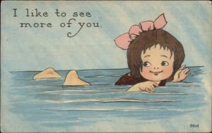 Cute Little Girl Swimming LIKE TO SEE MORE OF YOU c1915 Postcard