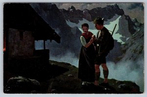 Couple In Period Clothing, Mountain Shack, Alps, Farewell, 1911 Art Postcard