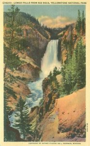 Yellowstone National Park MT, Lower Falls From Red Rock, Linen Montana Postcard