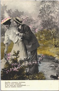 Romantic Couple Feuilles Ruisseaux Fontainses Vintage Postcard 09.22
