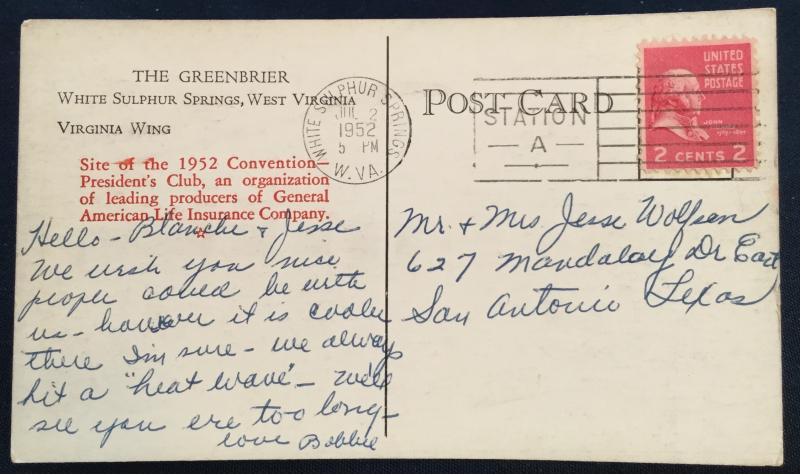 Postcard Used The Greenbrier White Sulphuric Springs WV LB