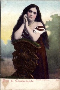 European Beauty Salut de Constantinople Woman Long Hair Dark Eyes Postcard Z16