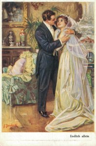 F. Doubek Endlich Allein Married Couple Vintage Postcard B60