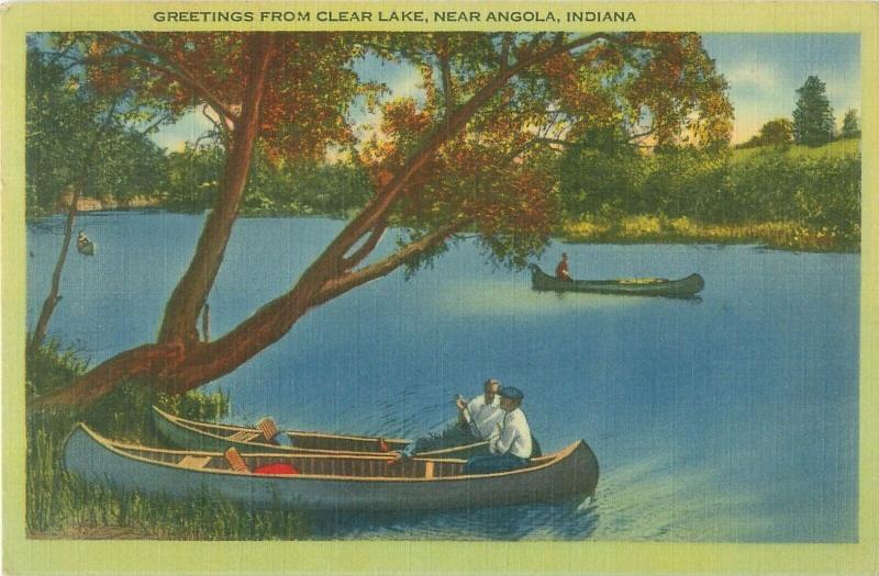 Canoes on Clear Lake Near Angola Indiana IN Vintage Linen Postcard