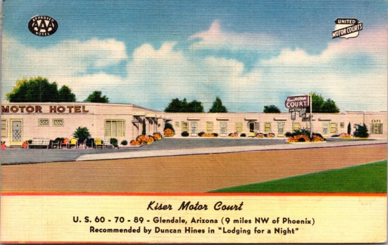 Linen Postcard Kiser Motor Court US 60, 70, 89 in Glendale, Arizona