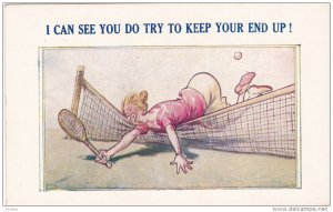 Tennis ; Woman falls over net , ..Keep your end up! , 30-40s