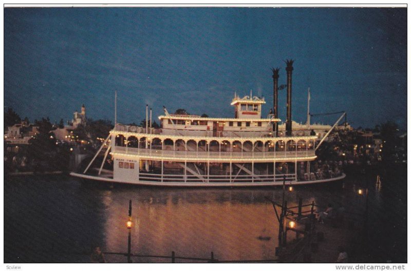 A thrilling view of a night-time ride on the Mark Twain paddle-wheel, Frontie...