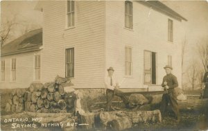 Postcard RPPC Wisconsin Ontario Men cutting logging lumber occupation 23-9528