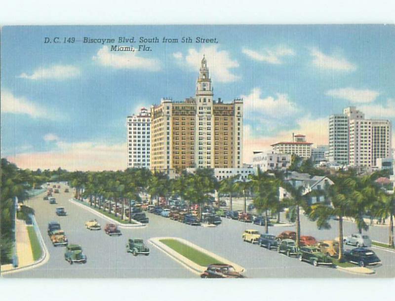 Linen OLD CARS & TREES ALONG STREET Miami Florida FL n1354