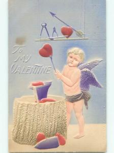 Pre-Linen art nouveau valentine BLACKSMITH CUPID PUTS HEART ON ANVIL J0133