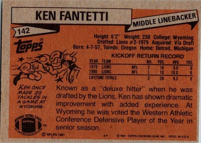 1981 Topps Football Card Ken Fantetti Detroit Lions sk10313