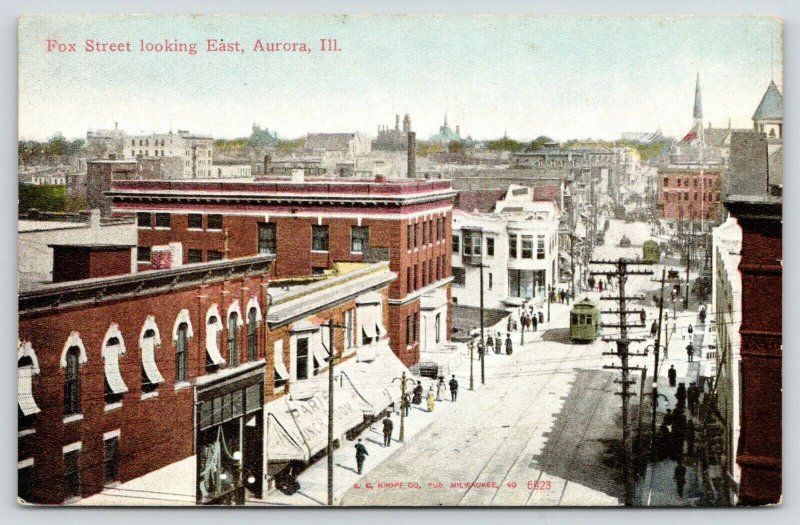 Aurora Illinois~Busy Fox Street Birdseye~Paris Lunch Room~Trolley~c1910 Postcard