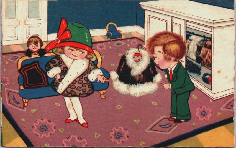 Children Boy Girl Clothing With Fur Vintage Postcard C187