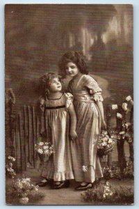 c1910's Children Curly Hair Dress With Flowers Basket Posted Antique Postcard