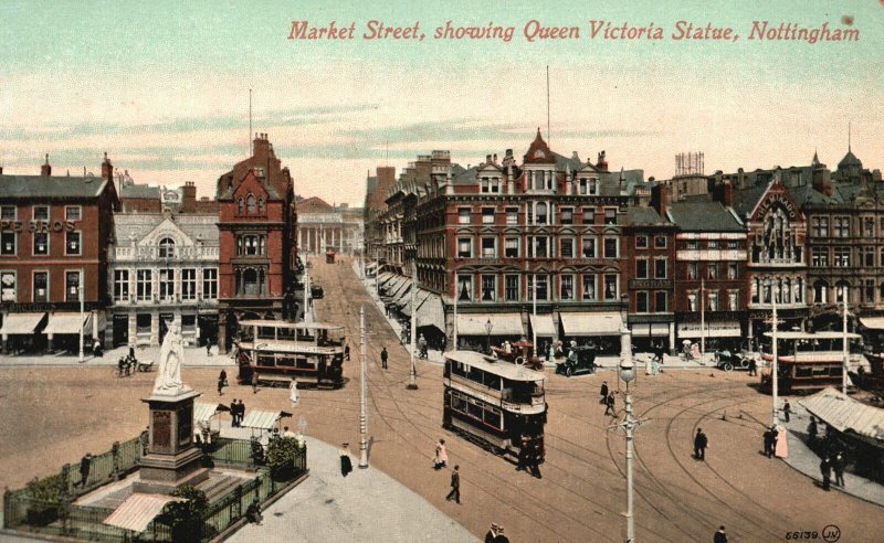 Vintage Postcard 1910s Market Street Queen Victoria Statue Nottingham England UK