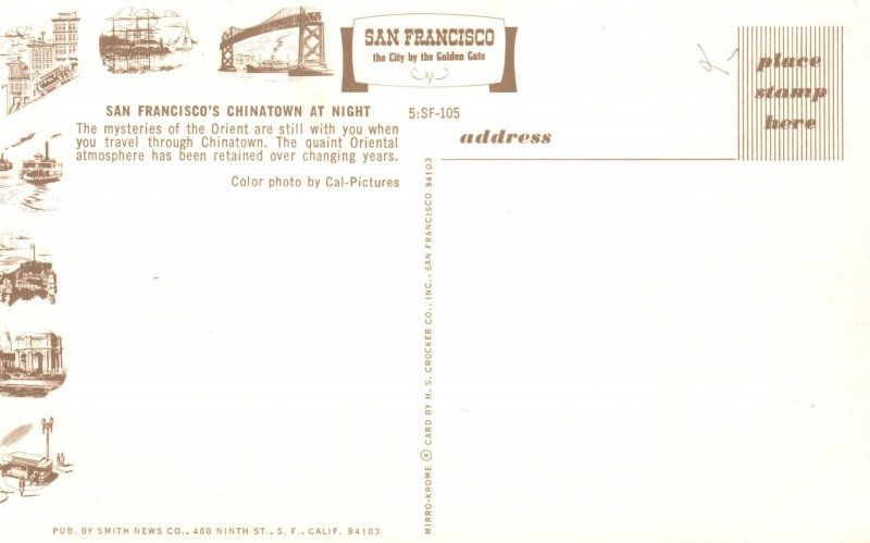 Vintage Postcard Chinatown At Night Restaurants Shops San Francisco California