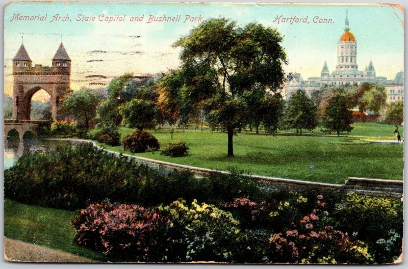 1909 Memorial Arch State Capitol and Bushnell Park Hartford CO Posted Postcard