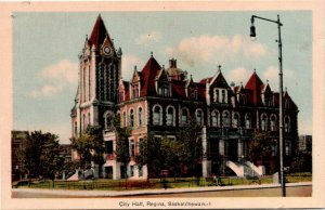 Postcard SK Regina City Hall Street Lamp Clock Tower Benches 1930s K50