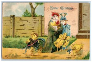 Easter Greetings Anthropomorphic Chicken Hen Chicks Embossed Antique Postcard