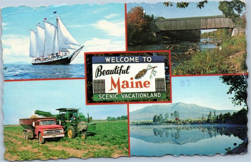 Beautiful Maine Scenic Vacationland yachts, harvesting, covered bridge, lake